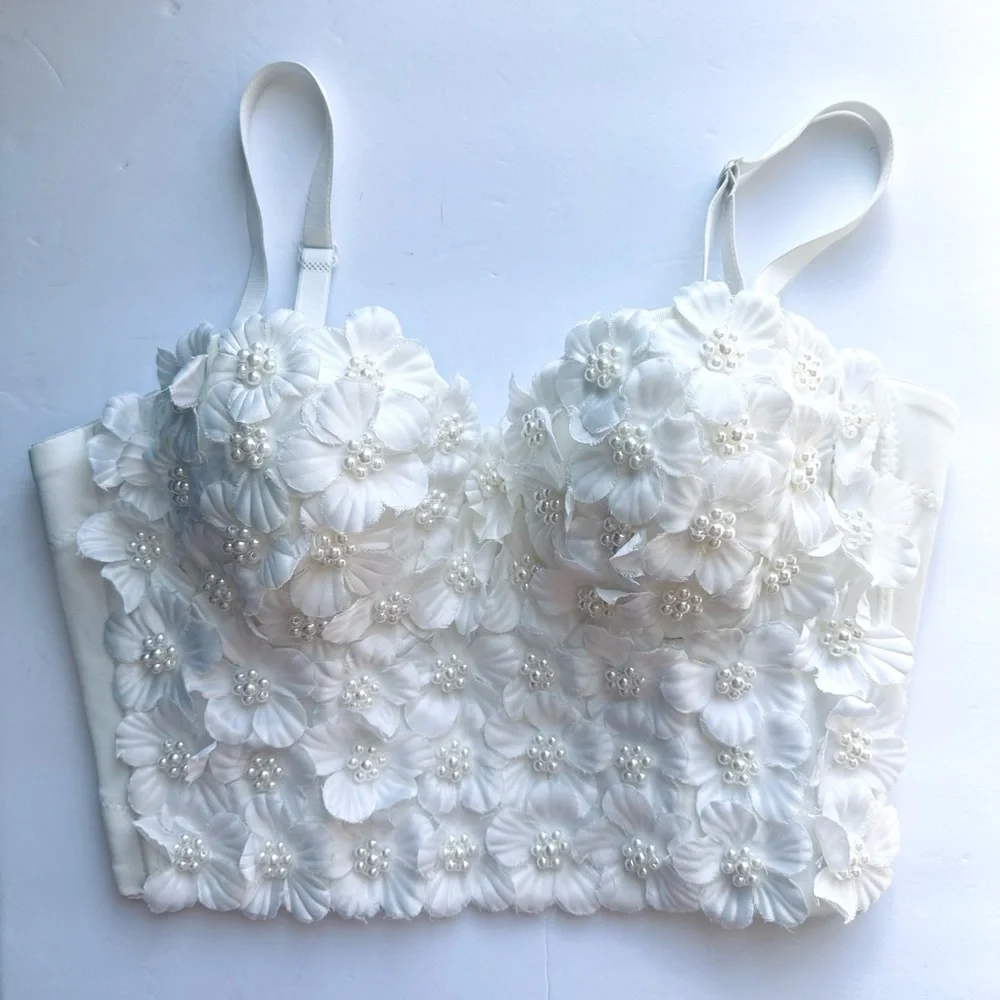 Floral 3D Embellished Pearls White Corset Bustier Sz Small 36B Crop Top - Picture 3 of 8
